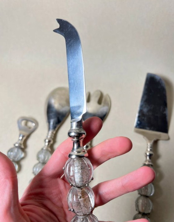Image 1 of Ensemble de couverts de service (salade / décapsuleur / fromage / gateaux) en métal argent et verre