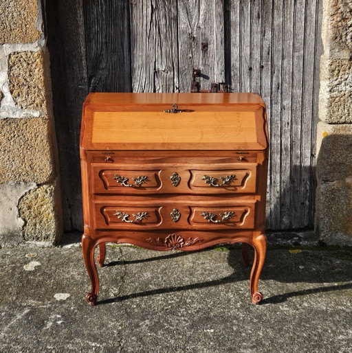 Scrivania da ufficio vintage in legno di ciliegio, mobiletto da ufficio, cassettiera, stile Luigi XV, anni '80