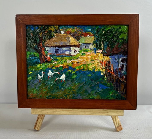 Original Oil Painting Summer Houses Landscape Morning street of the village