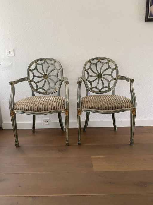 Two classic English Hepplewhite style chairs – fauteuils, Textile, Wood