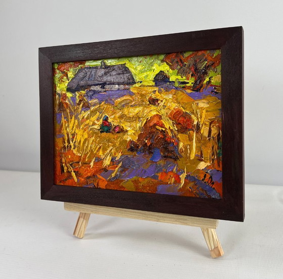 Image 1 of Original Oil Painting Evening House Landscape After the harvest - peace