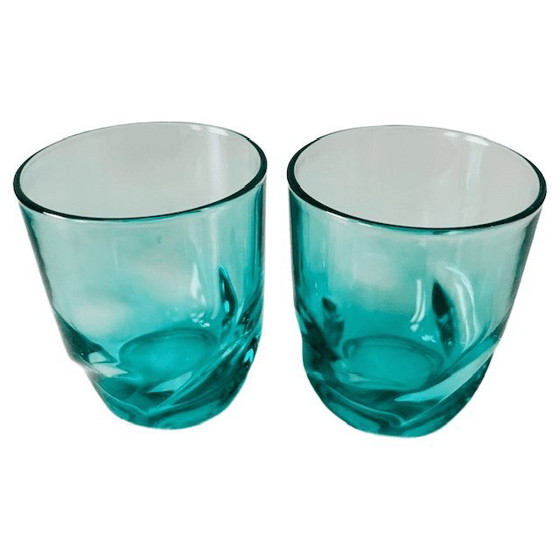 Image 1 of Vintage set of 8 twisted glasses turquoise blue Luminarc Arcoroc 1970s
