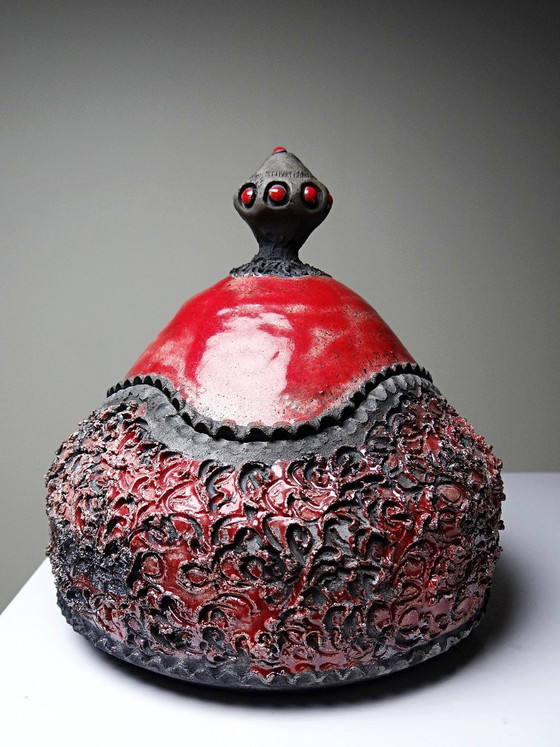 Image 1 of Vintage 2000s handcrafted raku jewelry box in red and grey
