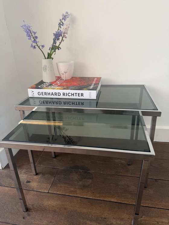 Image 1 of Vintage design bijzettafels / miniset chroom blad van (rook) glas 