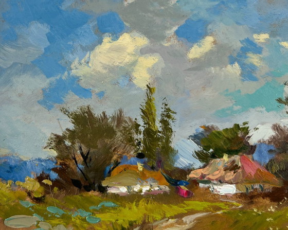 Image 1 of Original Oil Painting Summer House Landscape Village on a hill