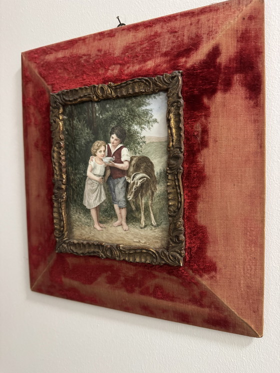 Image 1 of Dipinto di scena pastorale su porcellana, XIX secolo