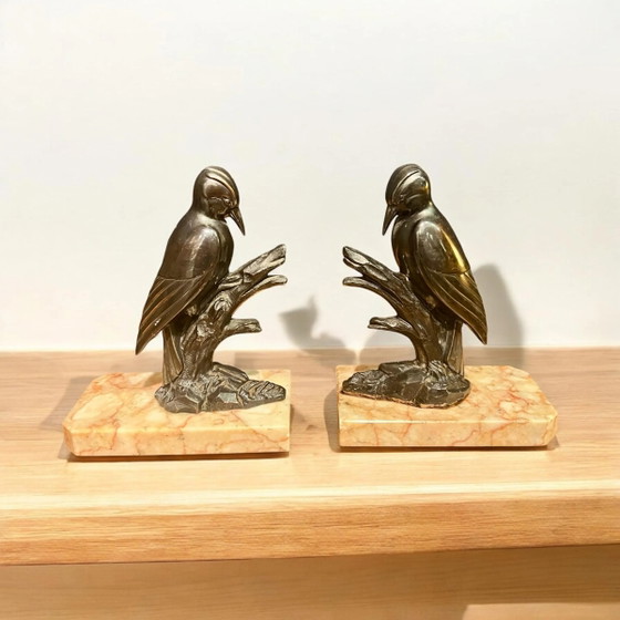 Vintage 1940s/1950s Art Deco Style Bookends, Two Patinated Pewter Woodpeckers on a Branch with Marble Base. (photo 2 of 7)