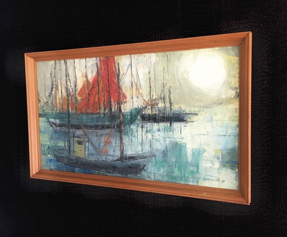 Image 1 of Dipinto originale firmato "Marina" Scena di barca anni '60 Belgio