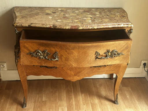 Louis XV Style Marquetry and Bronze Curved Chest of Drawers – 19th Century – ladekasten, Wood, Marble (photo 2 of 15)