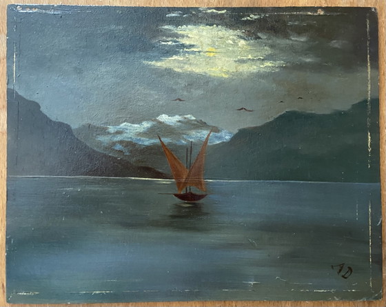 Image 1 of Swiss Oil Painting of Lake Geneva with Vaudoise Sailboat & Dents du Midi, c.1900–1930