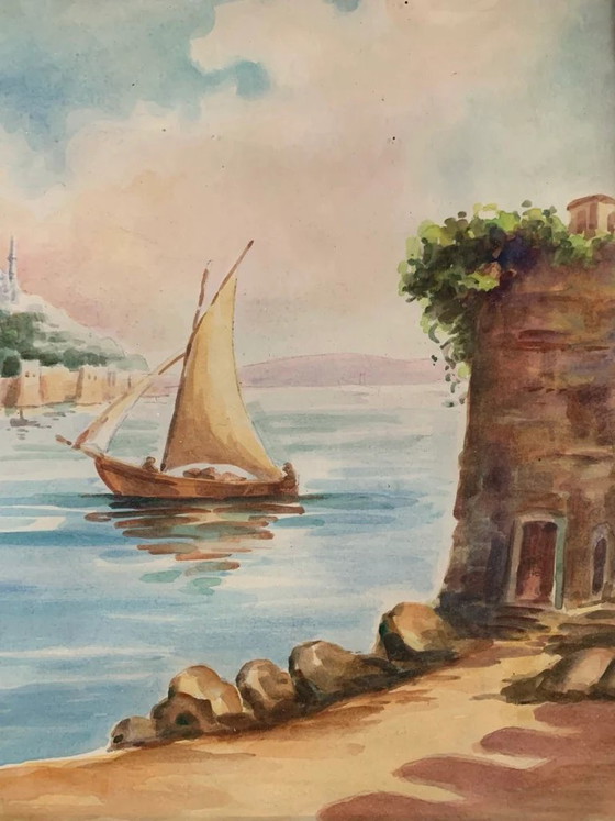 Pair of 1950s Oriental Marine Watercolors, Paintings & Drawings (photo 5 of 7)