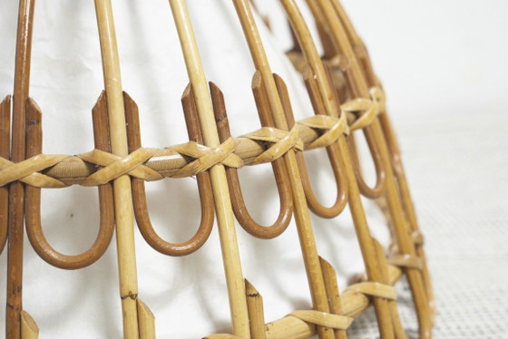 Image 1 of Vintage Rattan Bell Pendant Lamp, Louis Sognot Style Cane Ceiling Light, French Riviera Mediterranean Decor