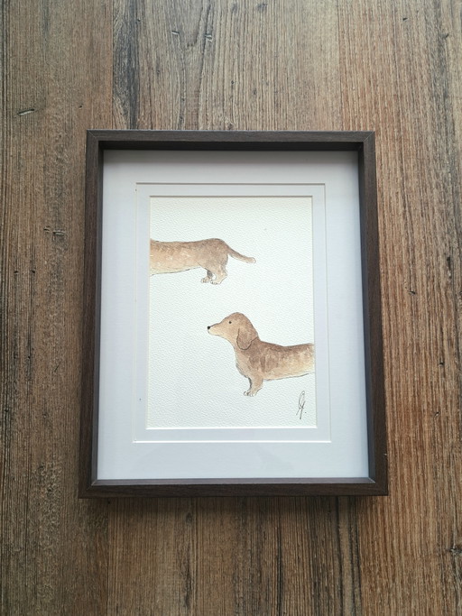 Original watercolor painting of a dachshund including frame