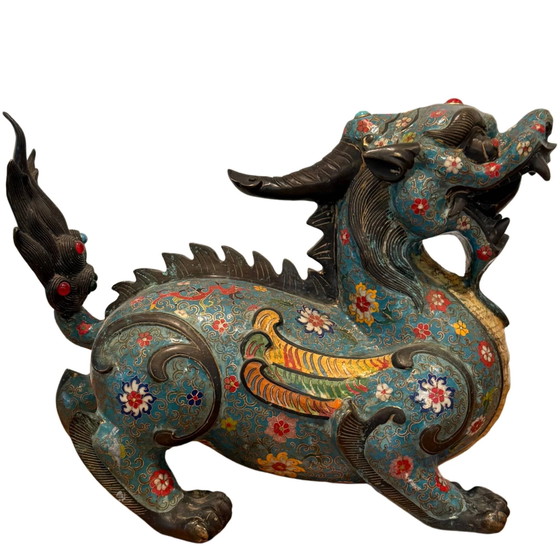 Coppia Monumentale di Pixiu Cinesi Antichi – Bronzo & Cloisonné – Tardo Qing – Sculture, Bronze (photo 8 of 10)