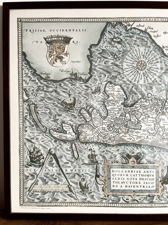 Image 1 of Ingelijste kaart van Nederland uit 1570 door Ortelius, Theatrum Orbis Terrarum, gedrukte reproductie op stof