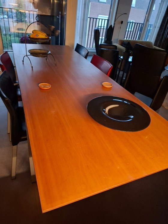 Uitschuifbare eettafel met houten blad en RVS onderstel, Arco Graphic eettafel, Metaal, Bruin, Modern (foto 2 van 6)