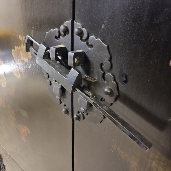 Image 1 of Vintage black Chinese lacquer cabinet with flowers and birds / bohemian / Asian / Oriental cabinet