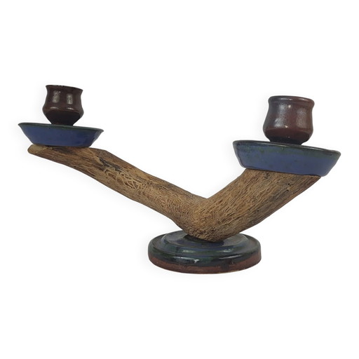 Stoneware and wood candle holder