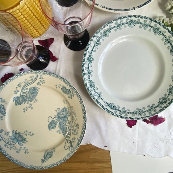 Image 1 of Set of 6 mismatched ironstone dinner plates, antique Sarreguemines earthenware, Choisy le Roi Boulenger Saint Amand