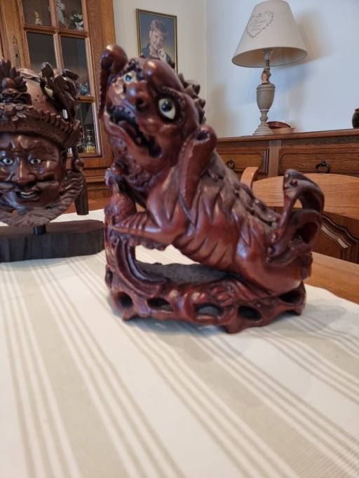 3 Japanse Rozenhout Beelden Krijgers Met Honddraak