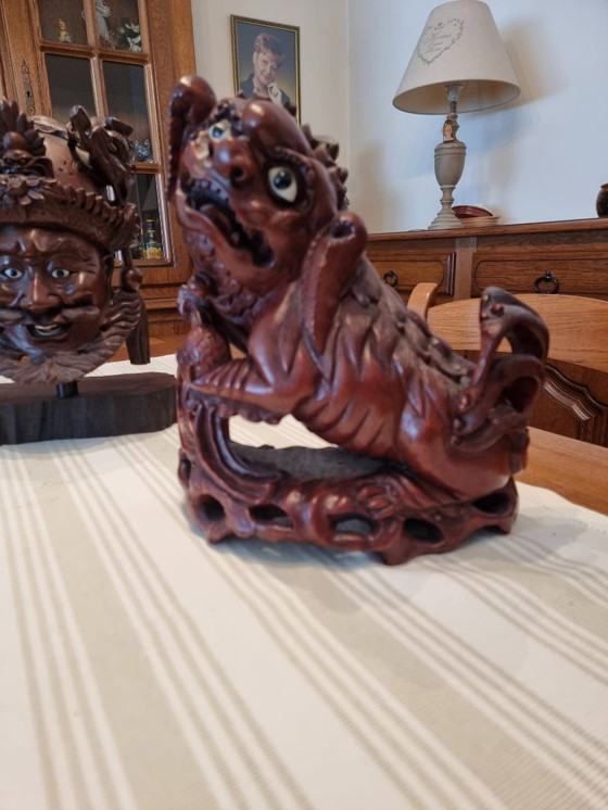 Image 1 of 3 Japanse Rozenhout Beelden Krijgers Met Honddraak