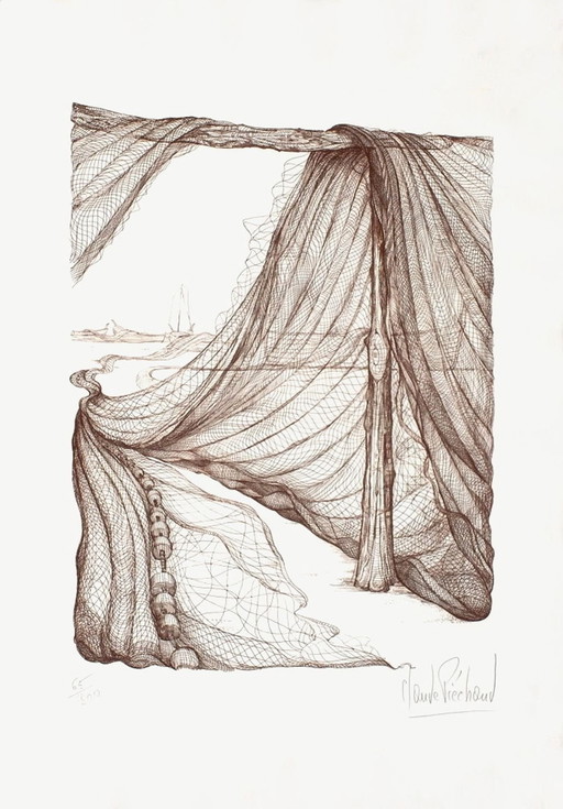 Claude PIECHAUD Séchage des filets III Acquaforte firmata 1980