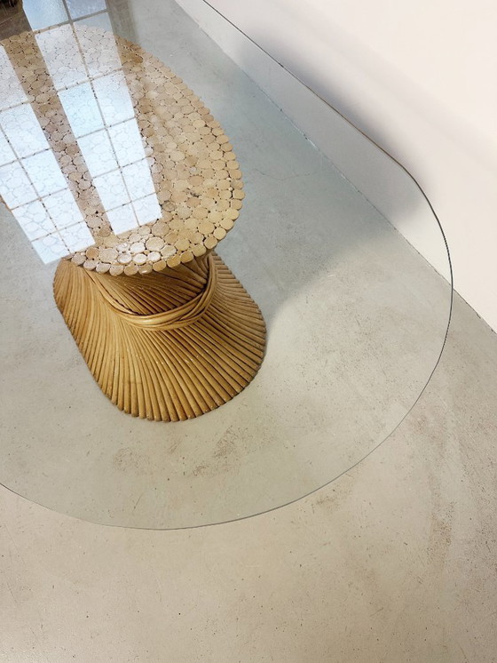 Image 1 of McGuire-Esstisch „Sheaf of Wheat“ aus Rattan und Glas aus den 1970er Jahren