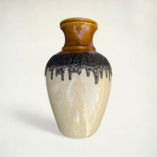 Bay Vintage Fat Lava Vase, Mid-Century West Germany Keramik in Beige-Braun mit Schwarzem Laufglasur-Design, Modellnummer 66-40