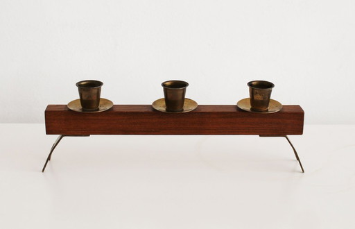 1960s Sculptural Wooden & Brass Candleholder 