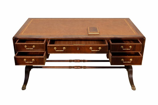 Englischer Schreibtisch, doppelseitige, flache Platte mit Mahagoni-Verlängerungen
