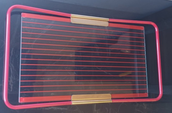 Image 1 of Vintage MB Patent Red Metal & Glass Serving Tray - Made in Italy - 1970s/1980s