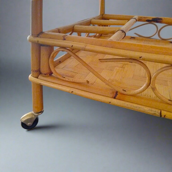Image 1 of 1960s Gorgeous and Elegant Serving Bar Cart in Bamboo & Rattan by Franco Albini, Made in Italy