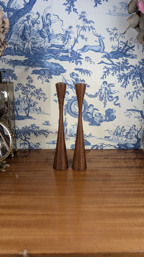 Image 1 of Pair of Scandinavian "Tulip" Candleholders in Vintage Teakwood from the 60s - Mid - Century Design