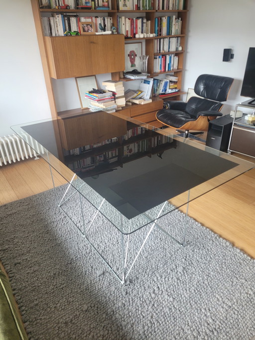  Table en verre design et pieds chromés Max Sauze