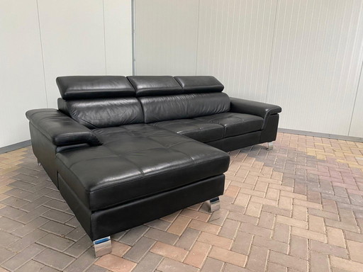 Black Genuine Leather Corner Sofa with Chaise Lounge