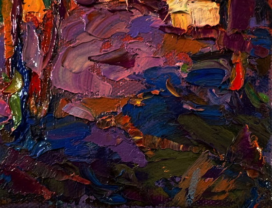 Original Oil Painting Evening Village Landscape Orange Sunset behind the Trees – Paintings & Drawings, Canvas (photo 5 of 8)