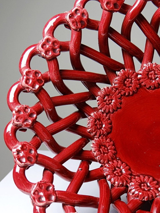 Image 1 of Piccola ciotola vintage Pichon Uzès in ceramica traforata rossa intrecciata, anni '70-'90.