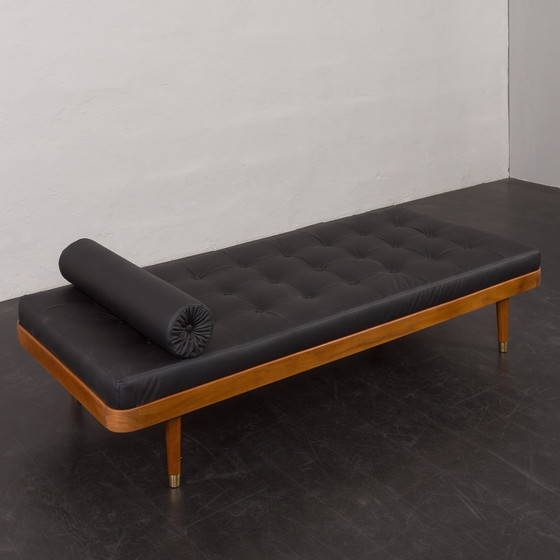 Image 1 of Teak en zwart lederen daybed van Horsens Møbelfabrik, 1960