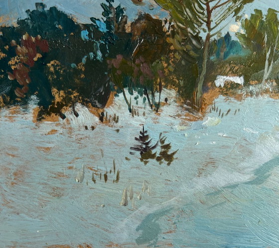 Image 1 of Origineel olieverfschilderij: Winterlandschap, winterse schemering