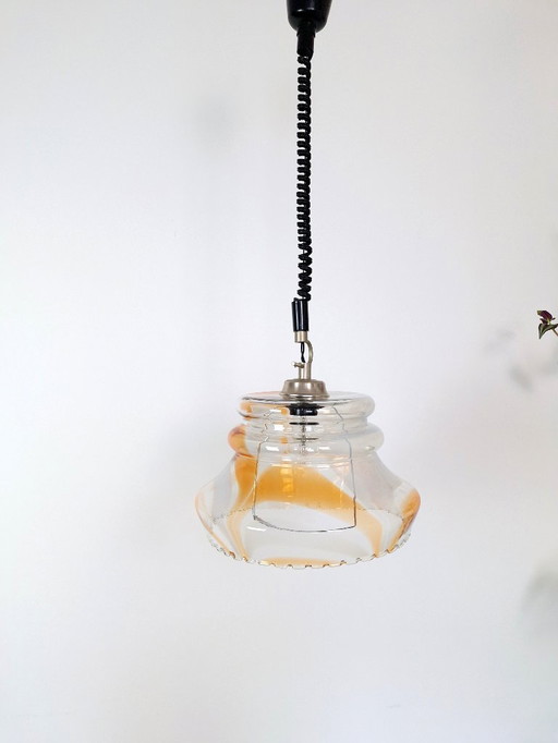 Vintage 1970 Yugoslavian Pendant Light / Mid-Century Glass Ceiling Lamp / Retro Amber Swirl Hanging Light