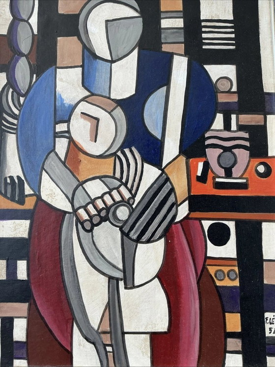 Image 1 of Pintura al óleo modernista de mediados de siglo firmada por F. LÉGER (1952) – Madre e hijo, estilo cubista
