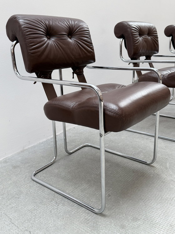 Image 1 of Set of 4 Guido Faleschini for i4Mariani 'Tucroma' chairs leather brown chrome, Italy 1970s
