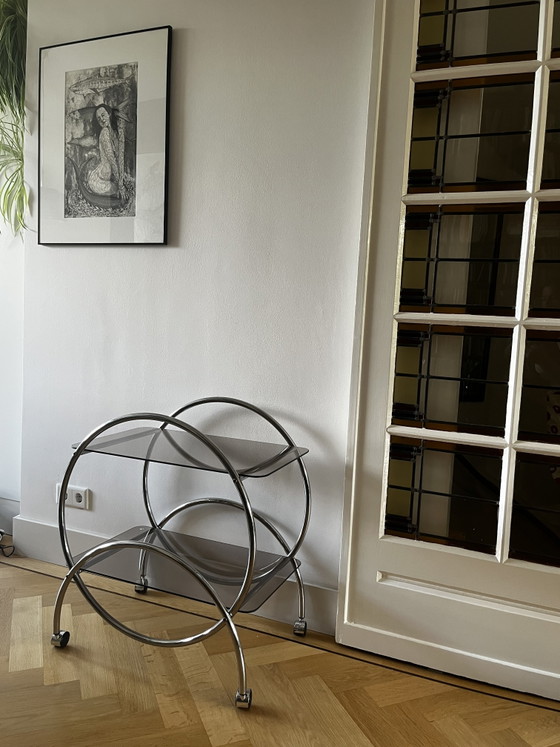 Carrello di servizio/bar vintage IKEA Design - Anni '70, cromo e vetro fumé – Carrelli bar, Glass, Chrome (photo 2 of 7)