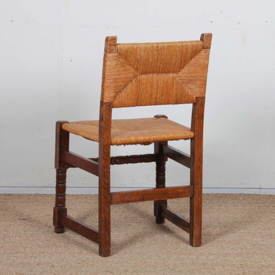Image 1 of Set of 6 straw-seated wooden chairs, French work, 1950