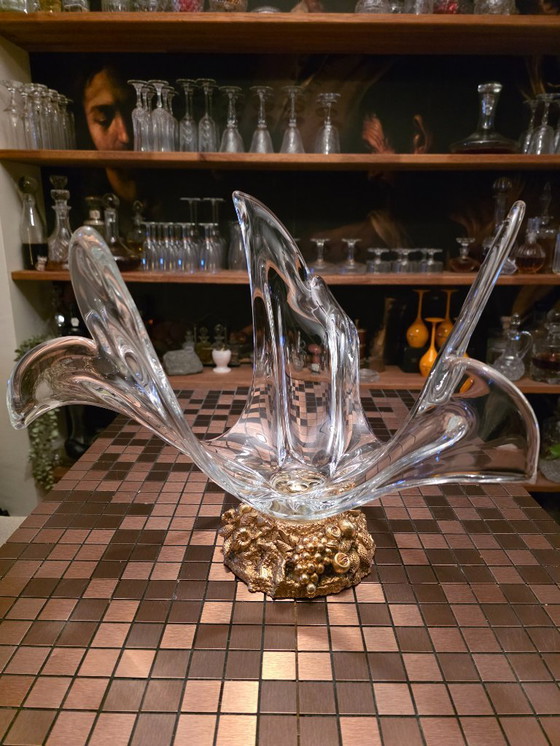 Image 1 of Groot Italiaans mid-century sculpturaal kristallen schaalobject op bronzen voet (jaren 60/70)