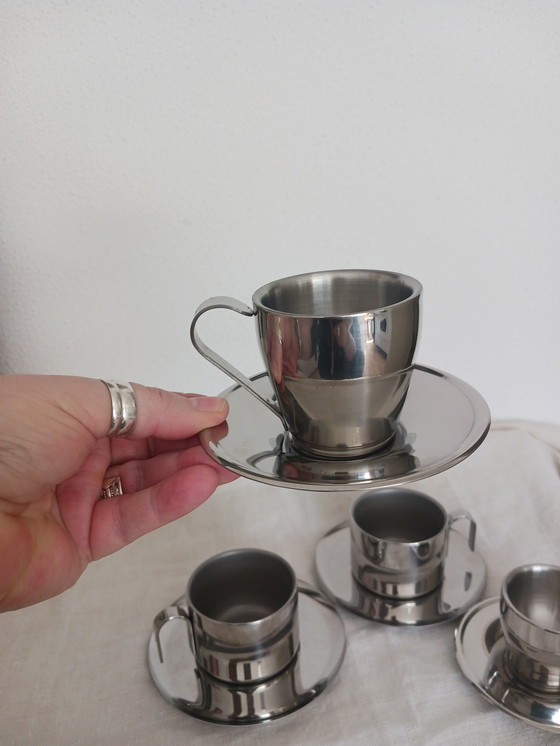 Image 1 of Set Van 4 RVS Espresso en Koffie Kop en Schotel Jaren '80