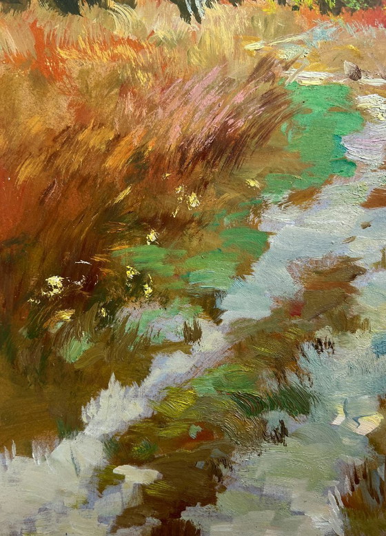 Image 1 of Pintura al óleo original Paisaje de bosque otoñal Escalones en un prado otoñal