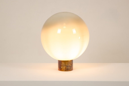 Globe lamp in opalescent glass and patinated bronze. Contemporary.