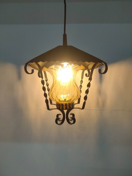 Image 1 of Massive lantern pendant lamp with amber ribbed glass