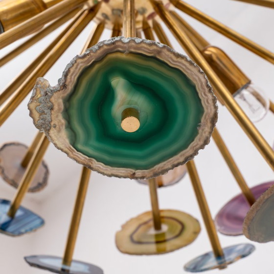 Image 1 of Plafonnier « Sputnik » de conception italienne avec sections en pierre d'agate et laiton